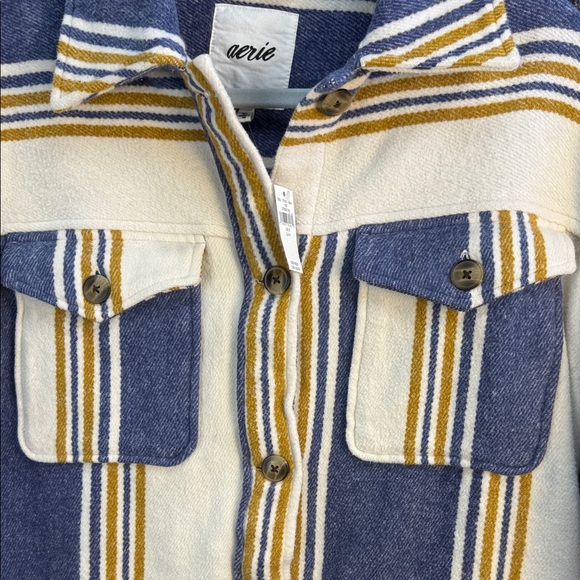 Aerie Oversized Heavy Flannel Striped Shirt Jacket Cream Blue Mustard Small - Picture 4 of 16